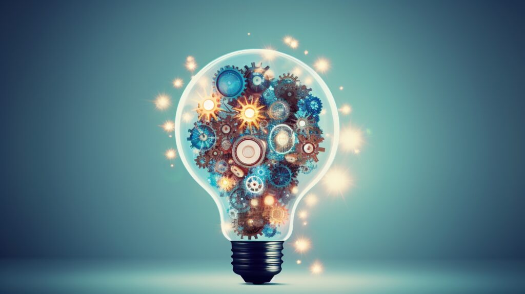 A light bulb conceptually filled with sparkling gears and cogs ...